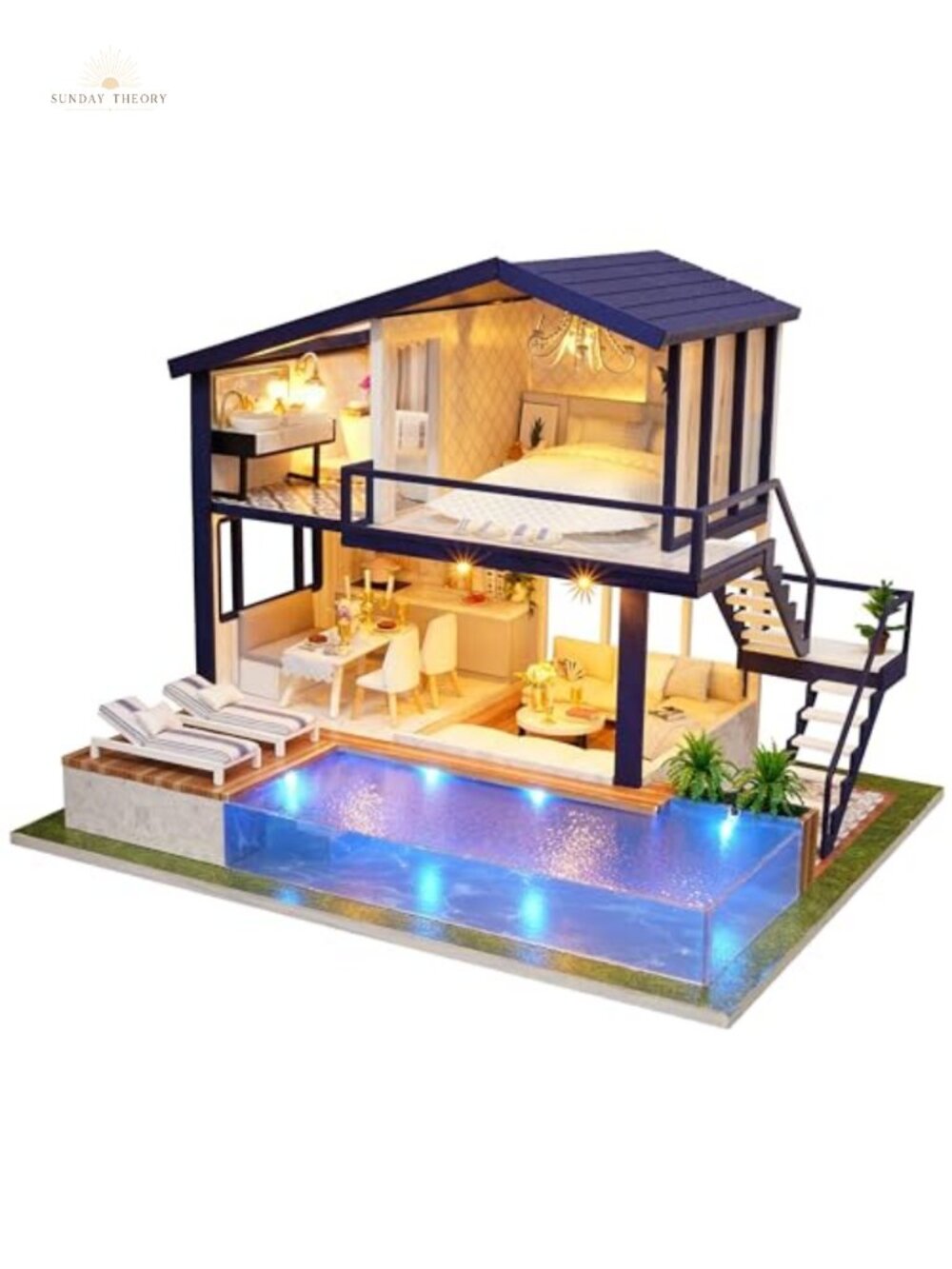 Miniature DIY Dollhouse Kit with Furniture, LED Lights, Music Movement - Modern